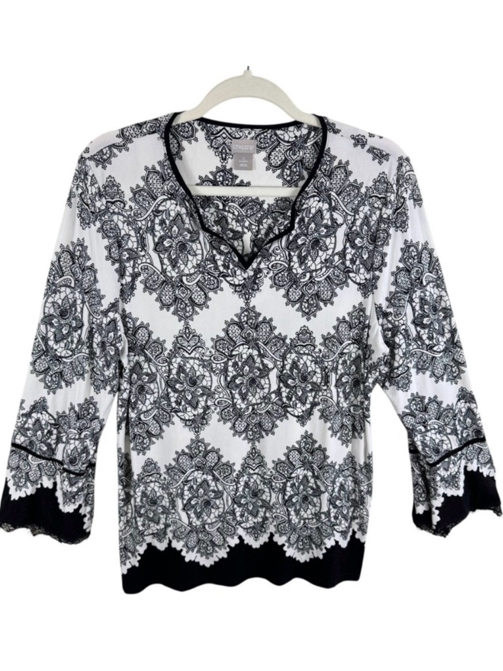 Chicos Womens Top Black White Paisley Lace Trim 3/4 Sleeve V Neck‎ Blouse Chic L